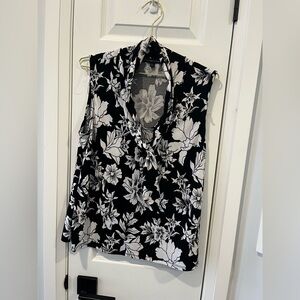 Adrienne Vittadini Black & White Sleeveless Blouse Floral Tie Neck Womens Large